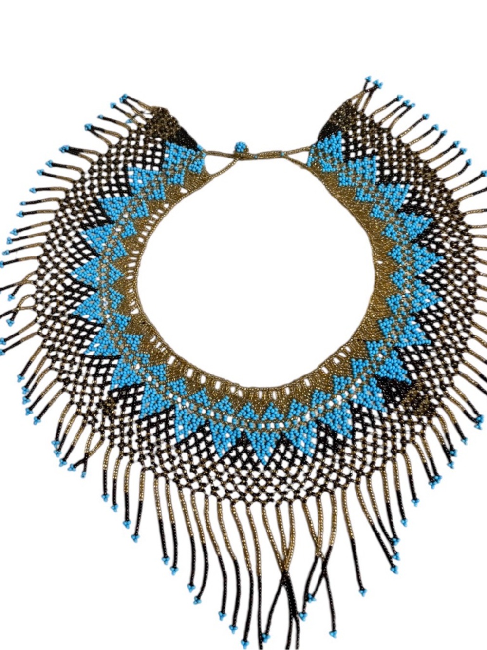 Handcrafted Blue and Browns Beaded Fringe Necklace